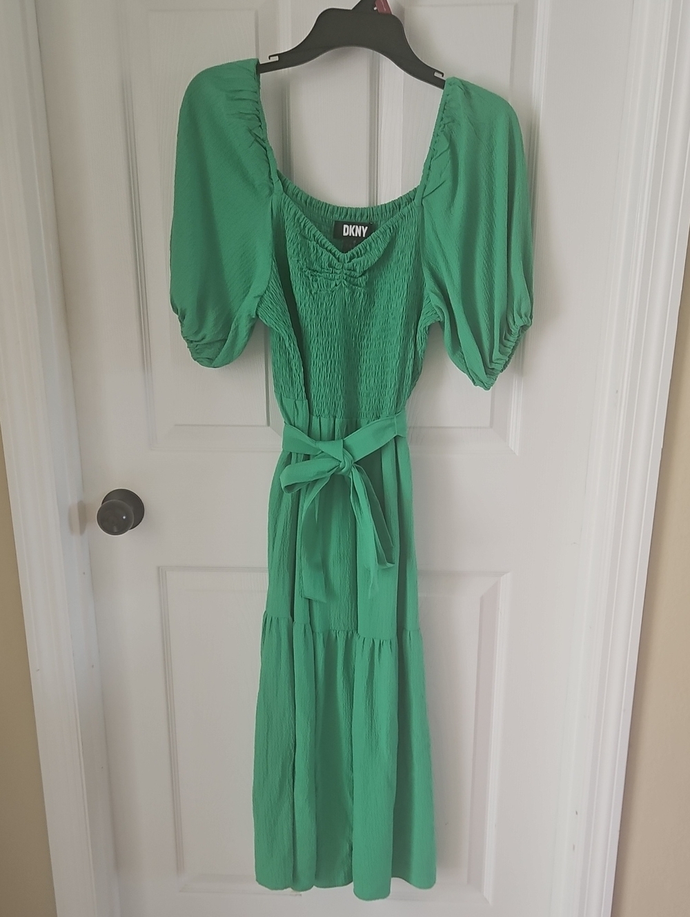 DKNY Emerald Green Maxi Dress with Puff Sleeves and Waist Tie